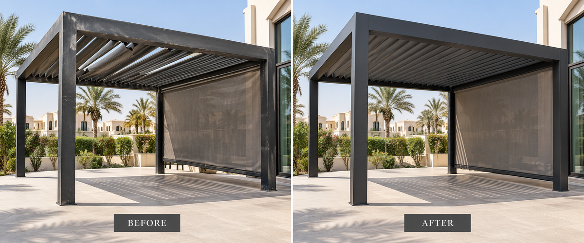 Outdoor furniture repair service by The Outdoor Furniture Market, with images of sofas, umbrellas, dining sets, and pergolas.