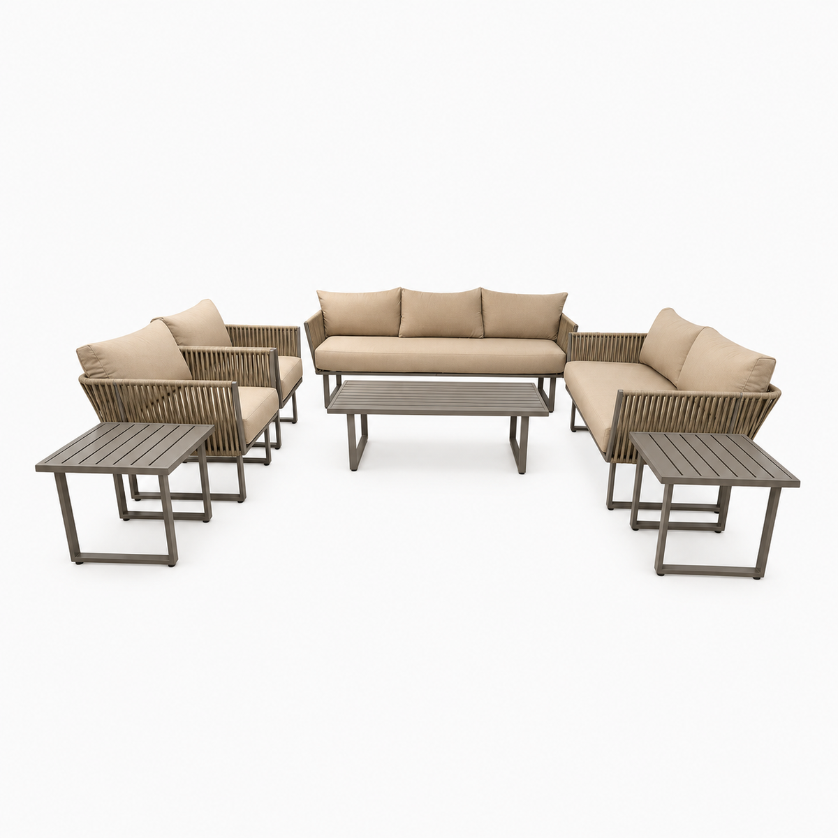 Seven-seater outdoor rope sofa set with aluminium frame, including three tables, from The Outdoor Furniture Market.