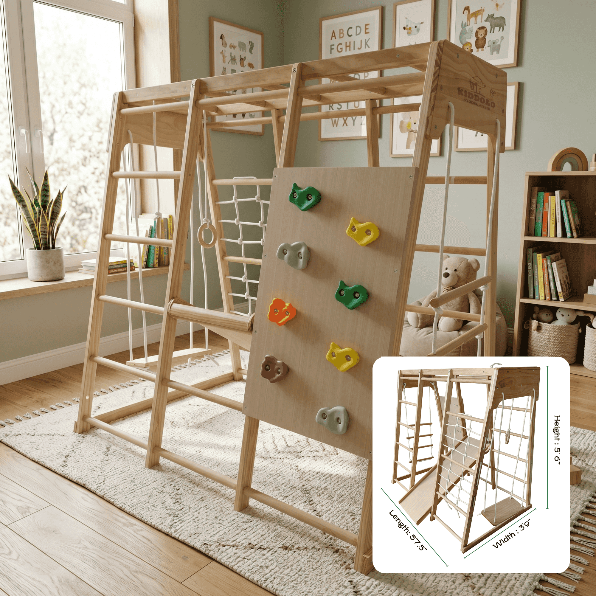 Kiddoro Cheerful Climber outdoor playset for kids with swings, slides, and colorful climbing features in a backyard setting.