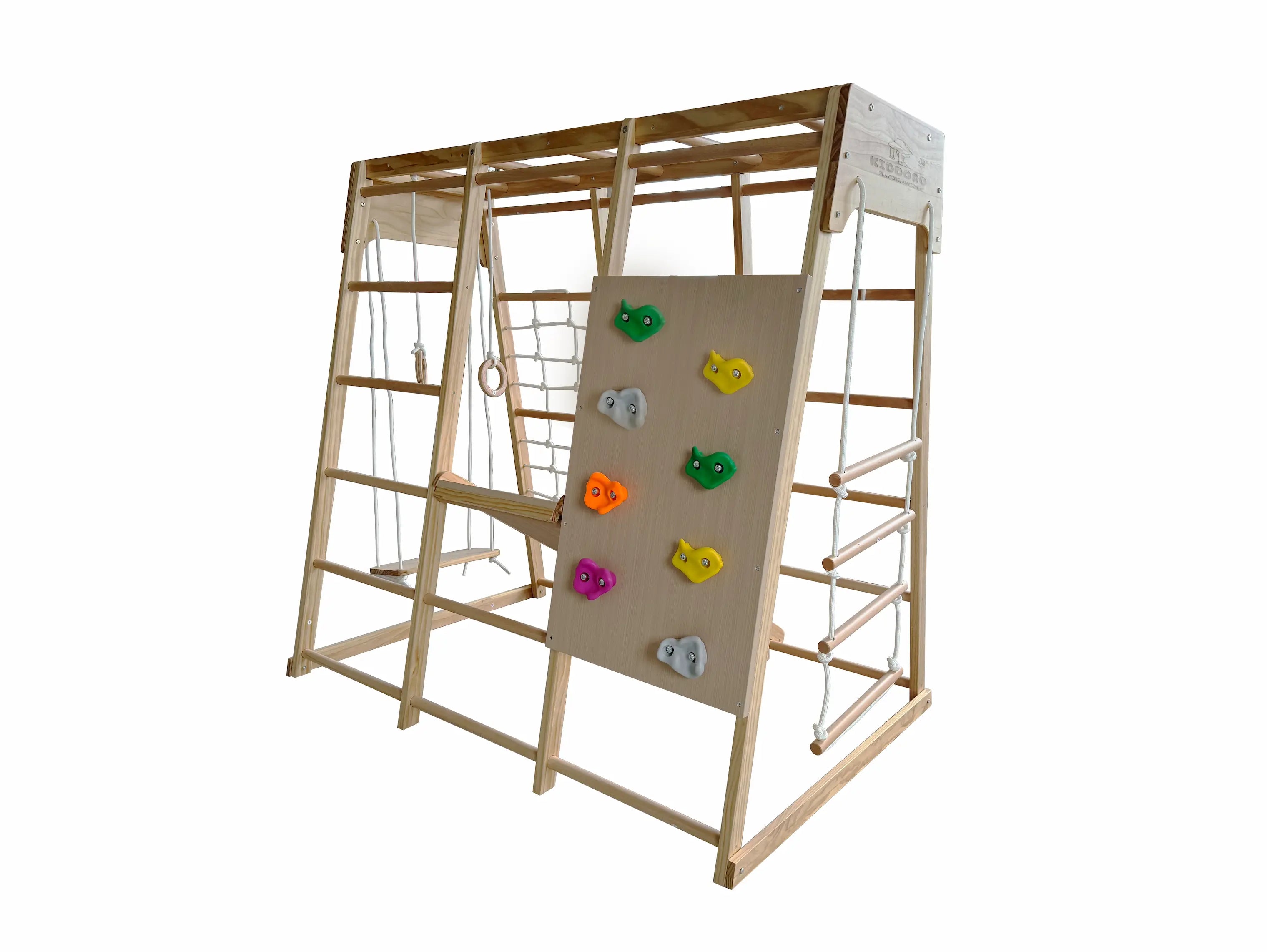 Kiddoro Cheerful Climber kids outdoor playset with swings, slides, and climbing features in a colorful backyard setting
