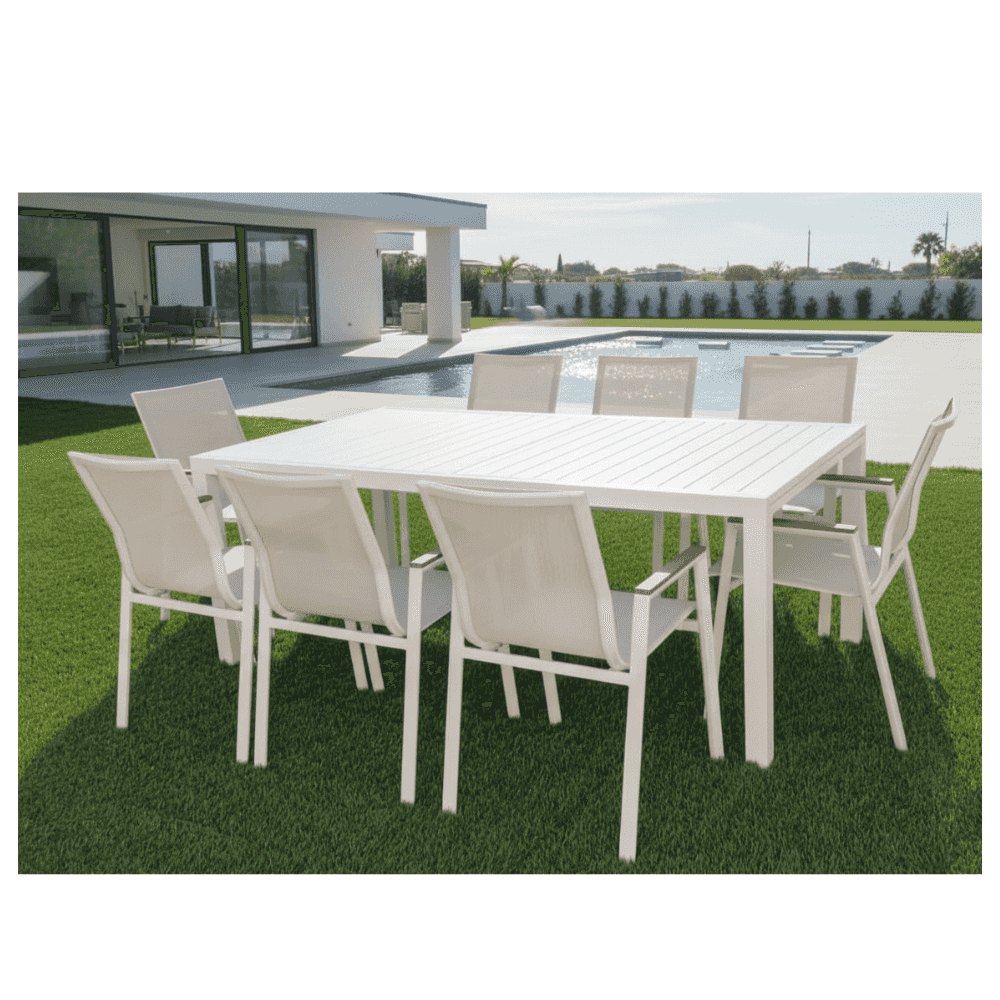 Contemporary outdoor dining set with garden table and chairs from The Outdoor Furniture Market, perfect for patio or garden dining.