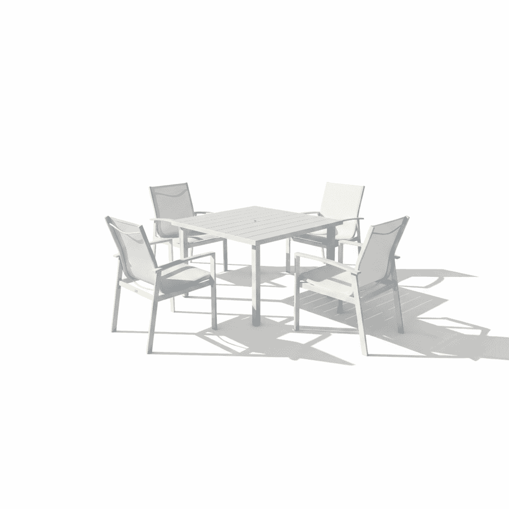 Contemporary white aluminum outdoor dining set with four chairs and table, modern design by The Outdoor Furniture Market.