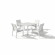 Contemporary white aluminum outdoor dining set with four chairs and table, modern design by The Outdoor Furniture Market.