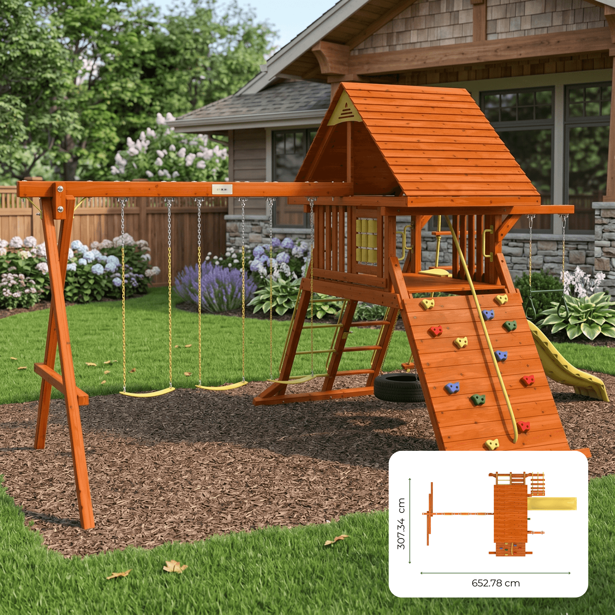 Kiddoro Discovery Den outdoor kids swing set with tire swing, colorful play structure, and climbing features in a backyard setting.