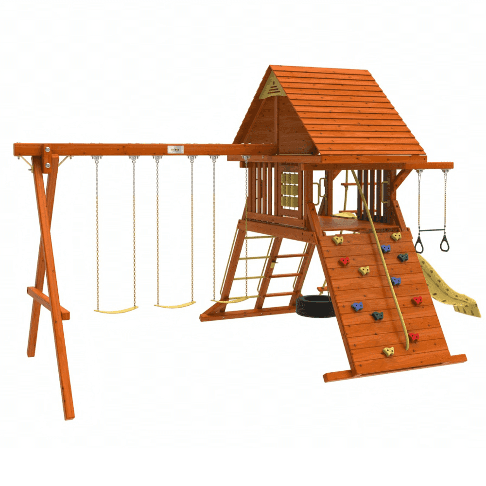Kiddoro Discovery Den Swing Set with tire swing, outdoor kids playset featuring a sturdy frame and colorful play elements.