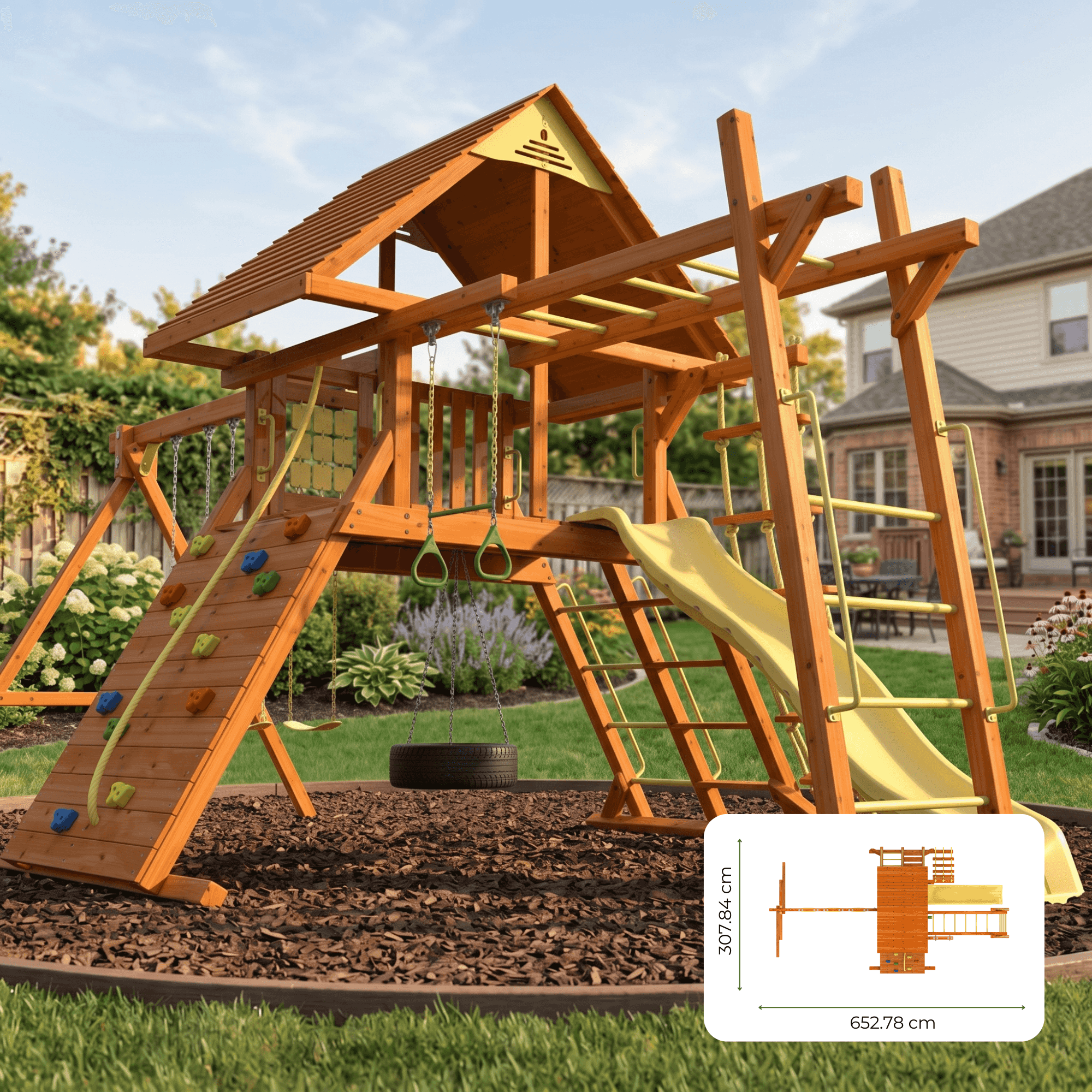Kiddoro Discovery Den outdoor kids playset with a monkey bar swing set, colorful climbing structure and safety features.