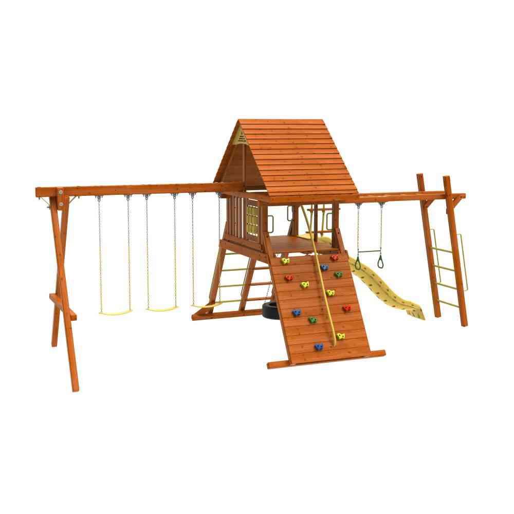 Kiddoro Discovery Den kids outdoor playset with monkey bar swing set, colorful climbing frame and slide for outdoor play.
