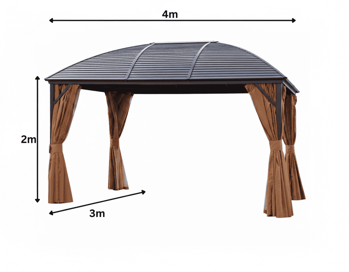 Aluminum gazebo with a doom shape design, 3x4m size, outdoor pergola from The Outdoor Furniture Market, shown with open sides and sturdy frame.