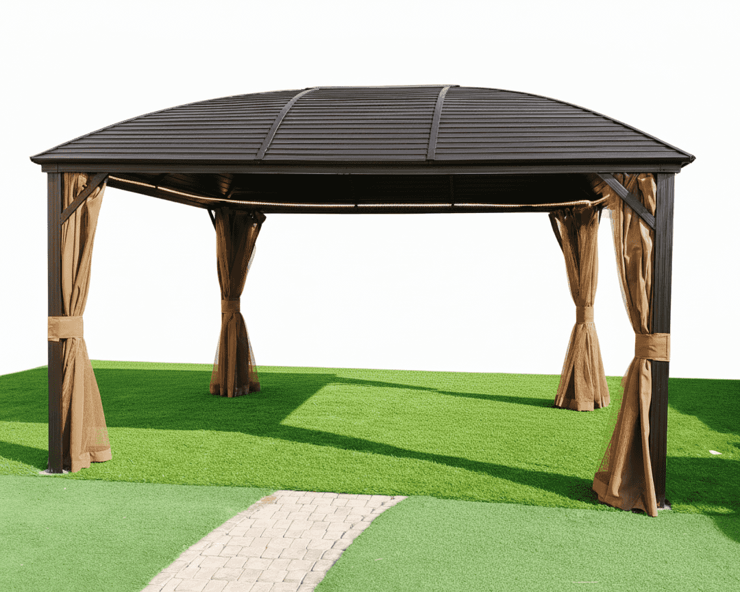 Aluminum gazebo with a doom-shaped roof, 3x4m size, from The Outdoor Furniture Market, ideal for outdoor shaded seating.