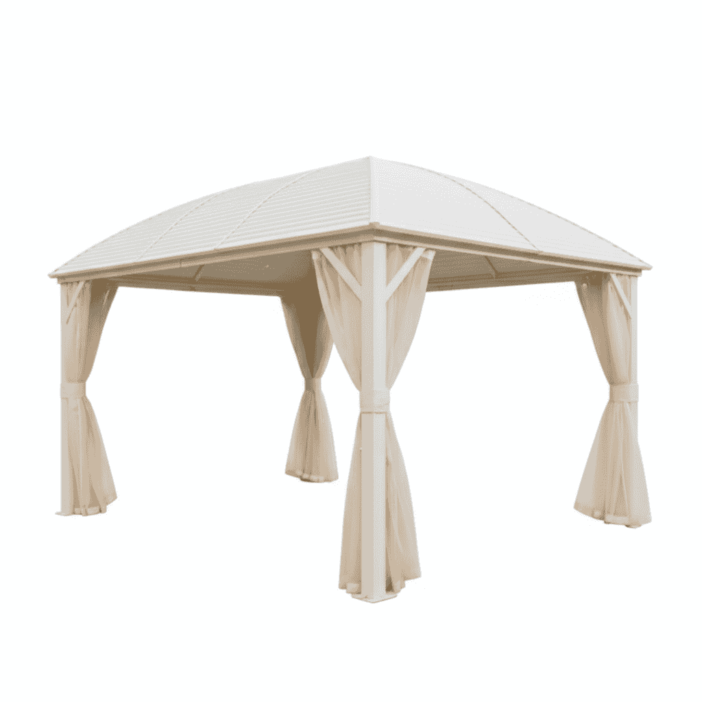 White aluminum gazebo with a 3x4m frame, featuring a sleek design perfect for outdoor shade and relaxation.