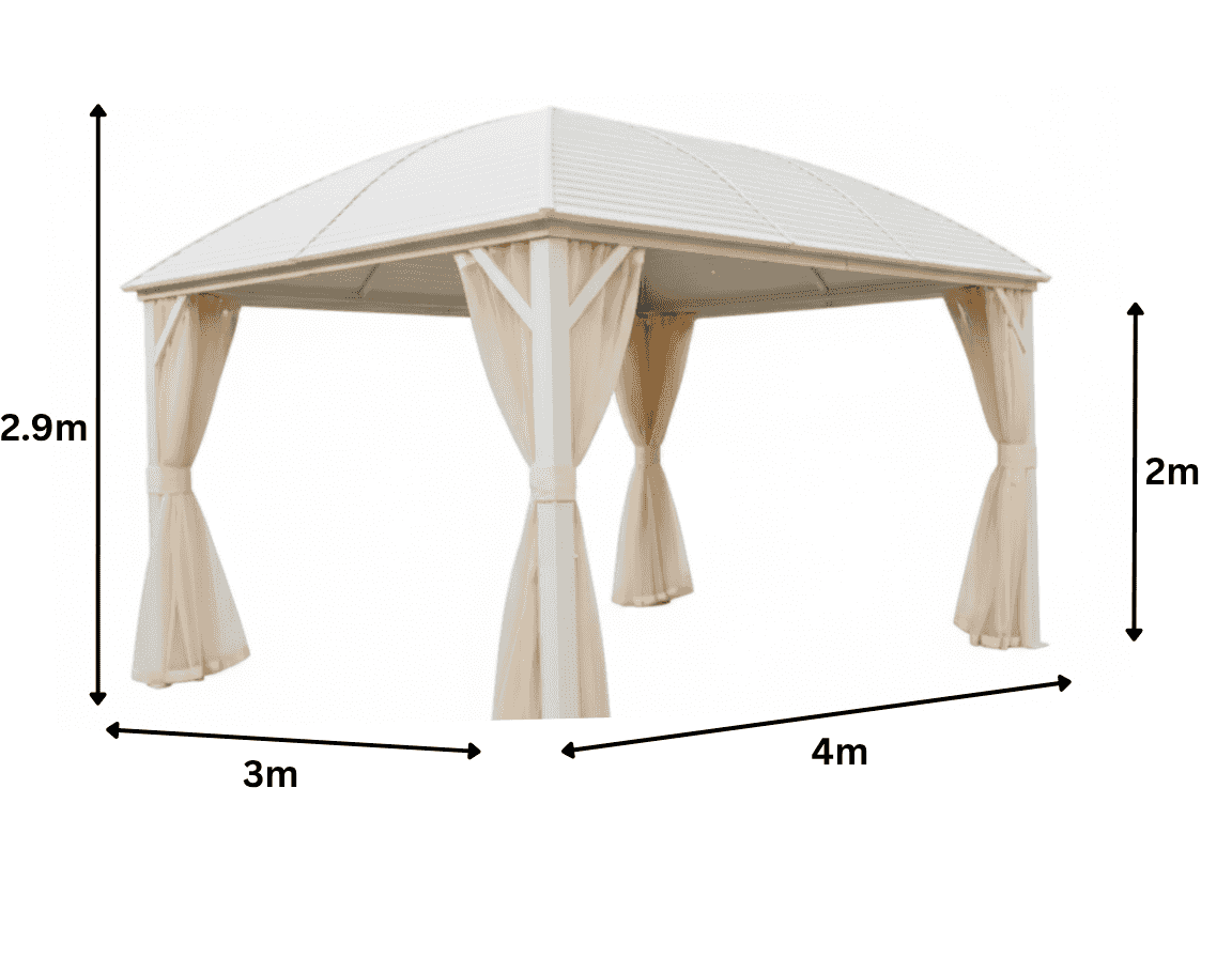 White Doom Shape aluminum gazebo (3x4m) by The Outdoor Furniture Market, showcasing a sturdy outdoor shelter with a sleek design.