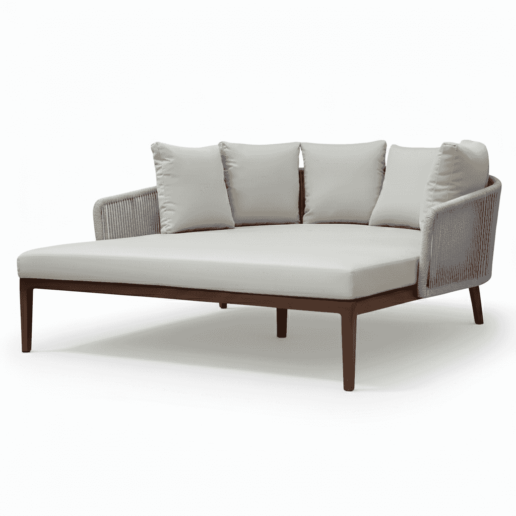 Sunbed with aluminum frame and plush cushions, ideal for outdoor lounging, by The Outdoor Furniture Market.