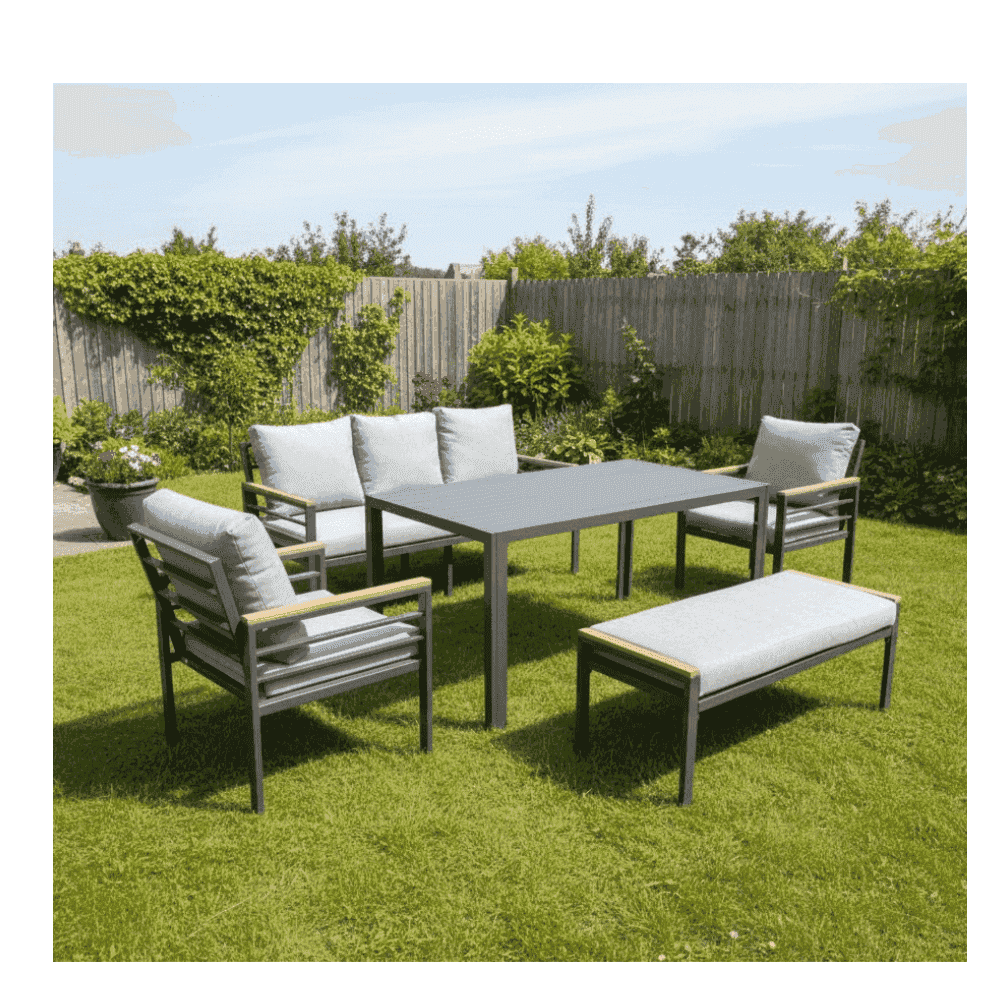 Durable aluminum outdoor sofa set with waterproof cushions, stylish and weather-resistant for patio or garden relaxation.