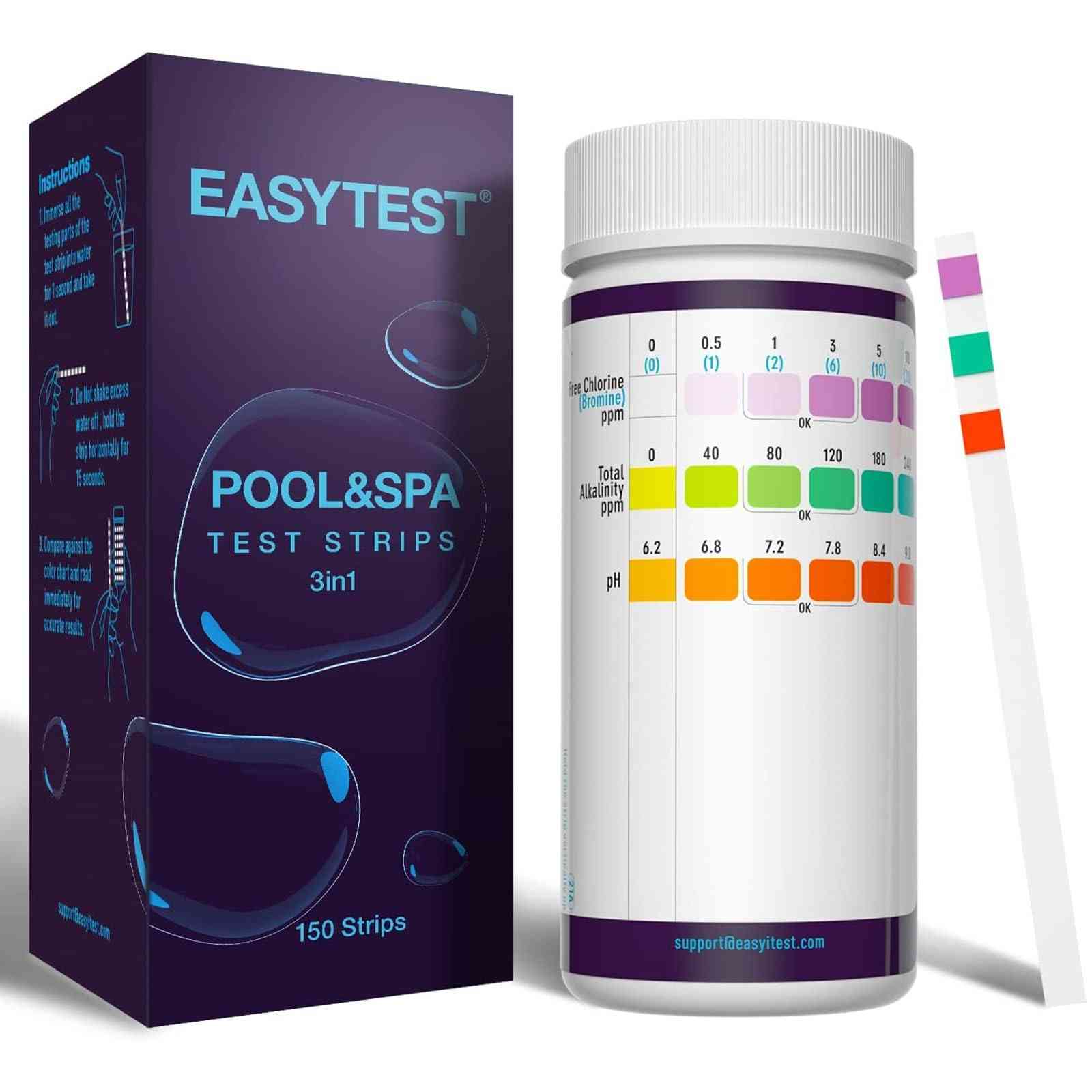 EASYTEST Pool & Spa Water Test Strips for hot tubs and pools, 7-in-1 testing kit showing strips with color indicators.