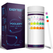 EASYTEST Pool & Spa Water Test Strips for hot tubs and pools, 7-in-1 testing kit showing strips with color indicators.