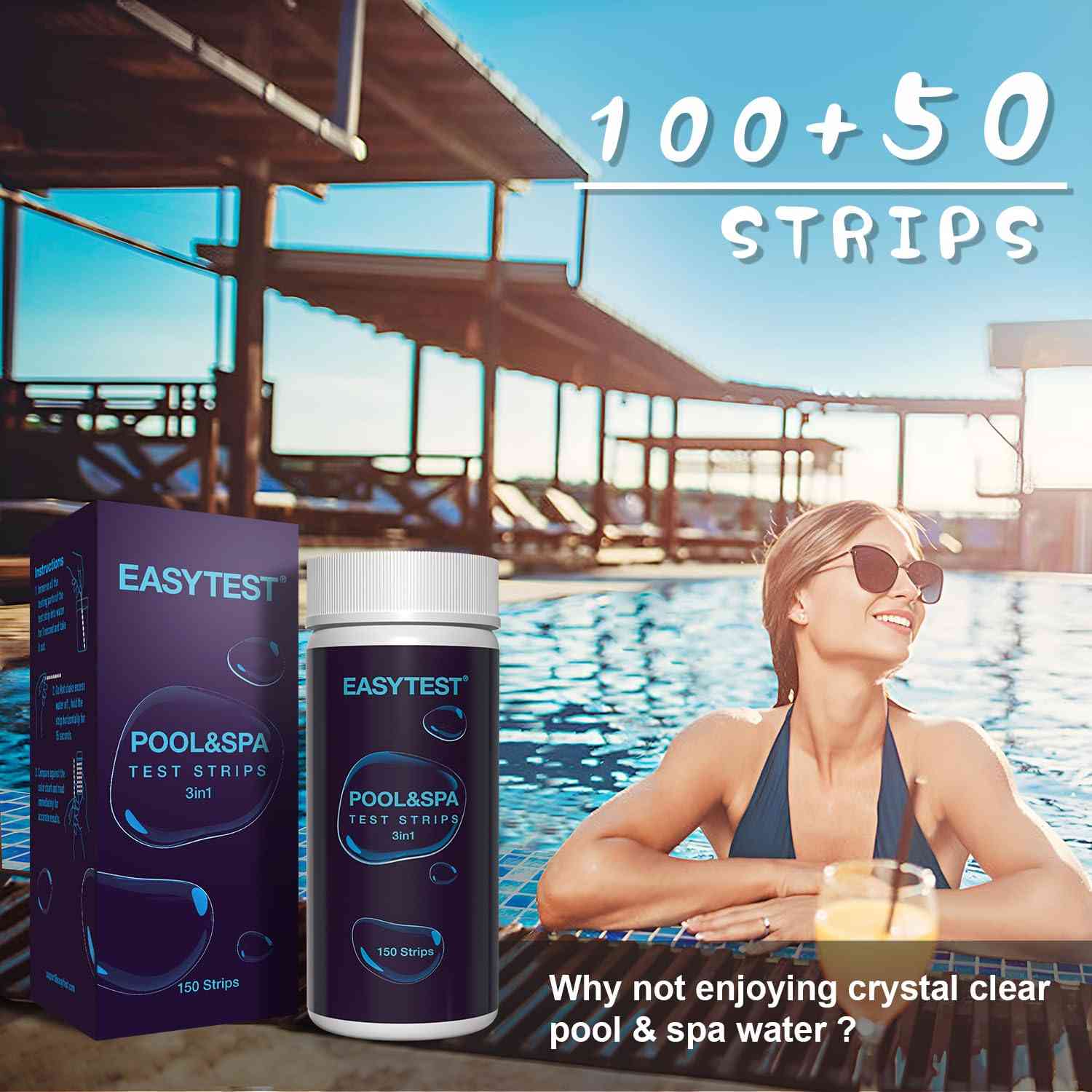 EASYTEST Pool and Spa water test strips showing color comparison for 7-in-1 testing of pool and hot tub water quality