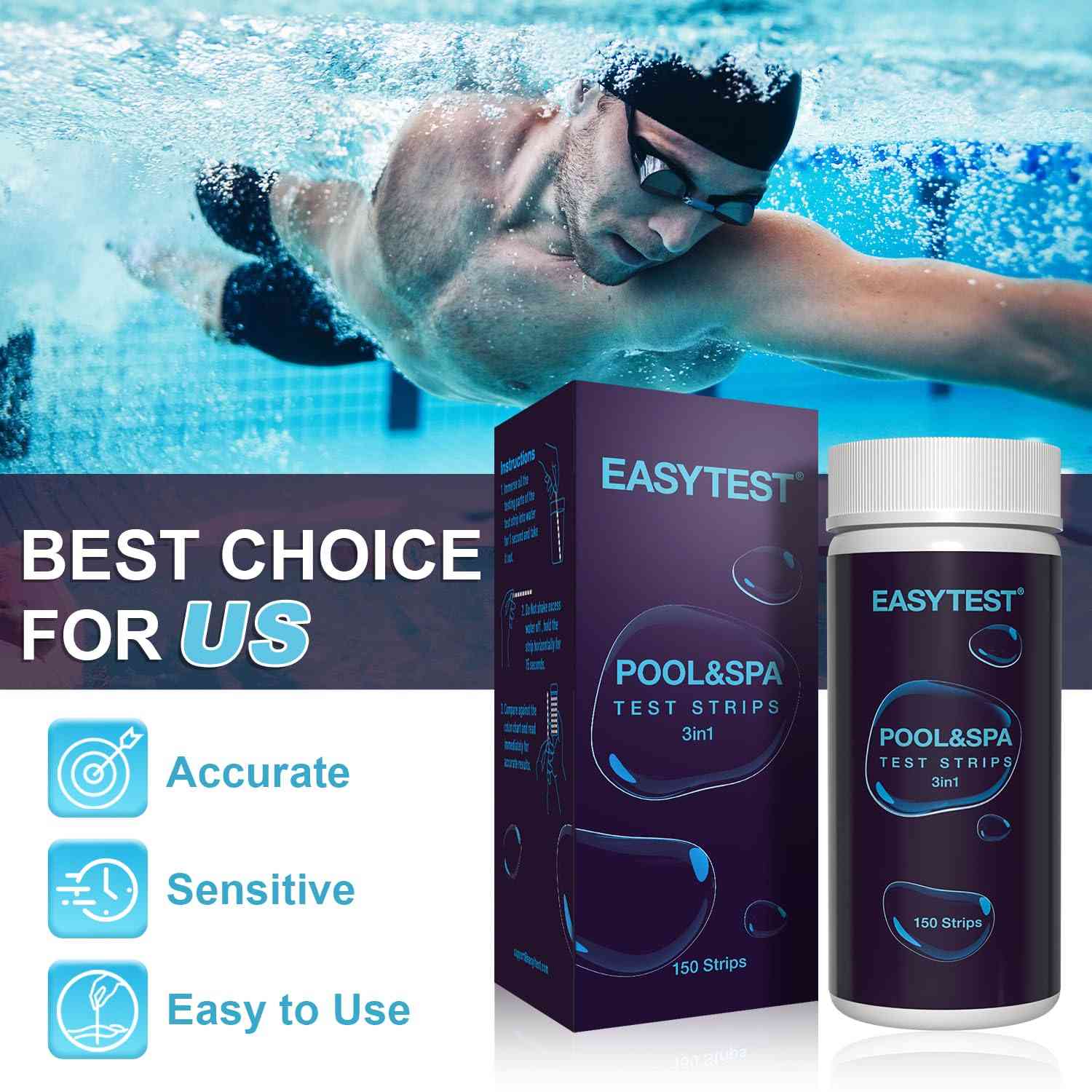 EASYTEST Pool & Spa water test strips for accurate 7-in-1 testing of pools and hot tubs, showing strips and testing kit.