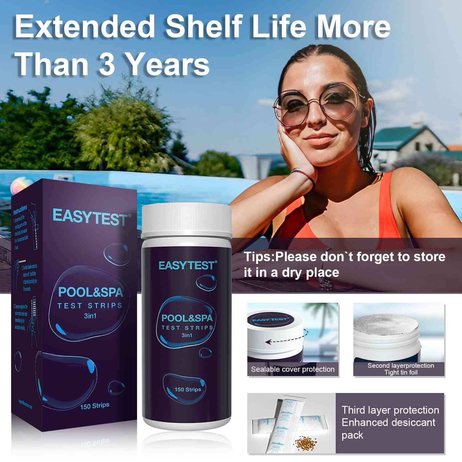 EASYTEST Pool & Spa Water Test Strips for accurate 7-in-1 testing, suitable for pools, hot tubs, and spa water quality.