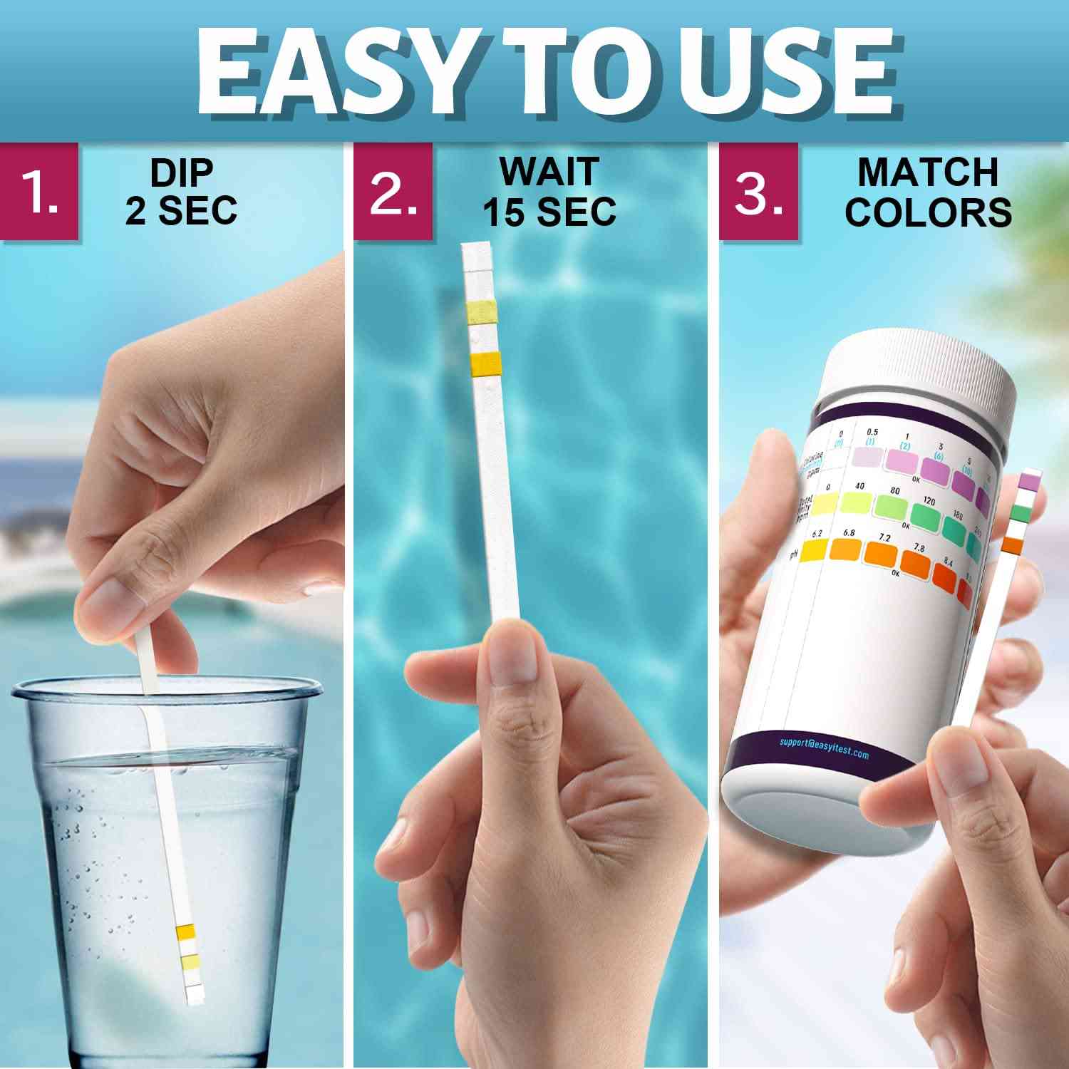 EASYTEST Pool & Spa Water Test Strips for 7-in-1 testing, showing strips dipped in water with color comparison chart