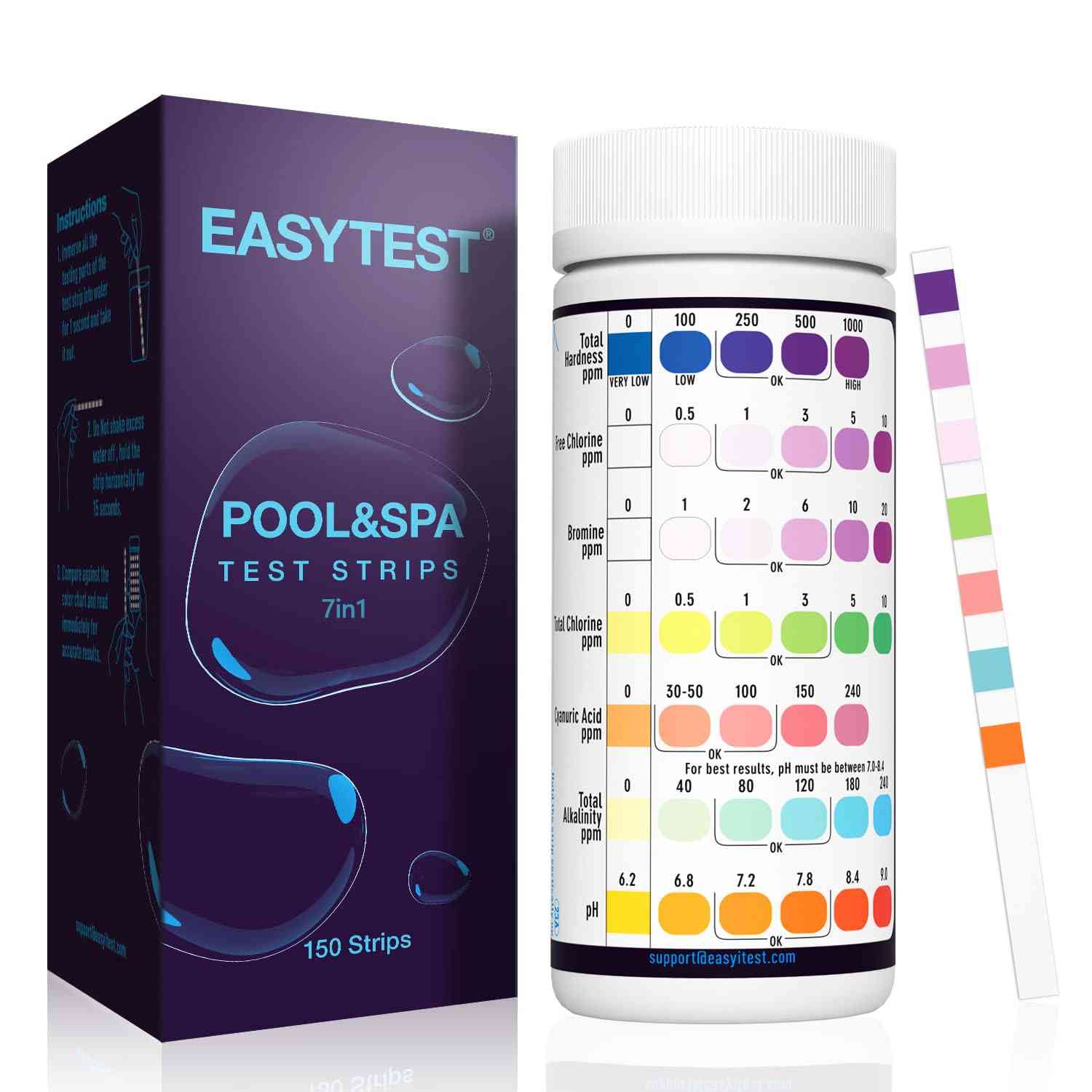 EASYTEST Pool & Spa Water Test Strips for pools and hot tubs, 7-in-1 testing kit for accurate water quality analysis