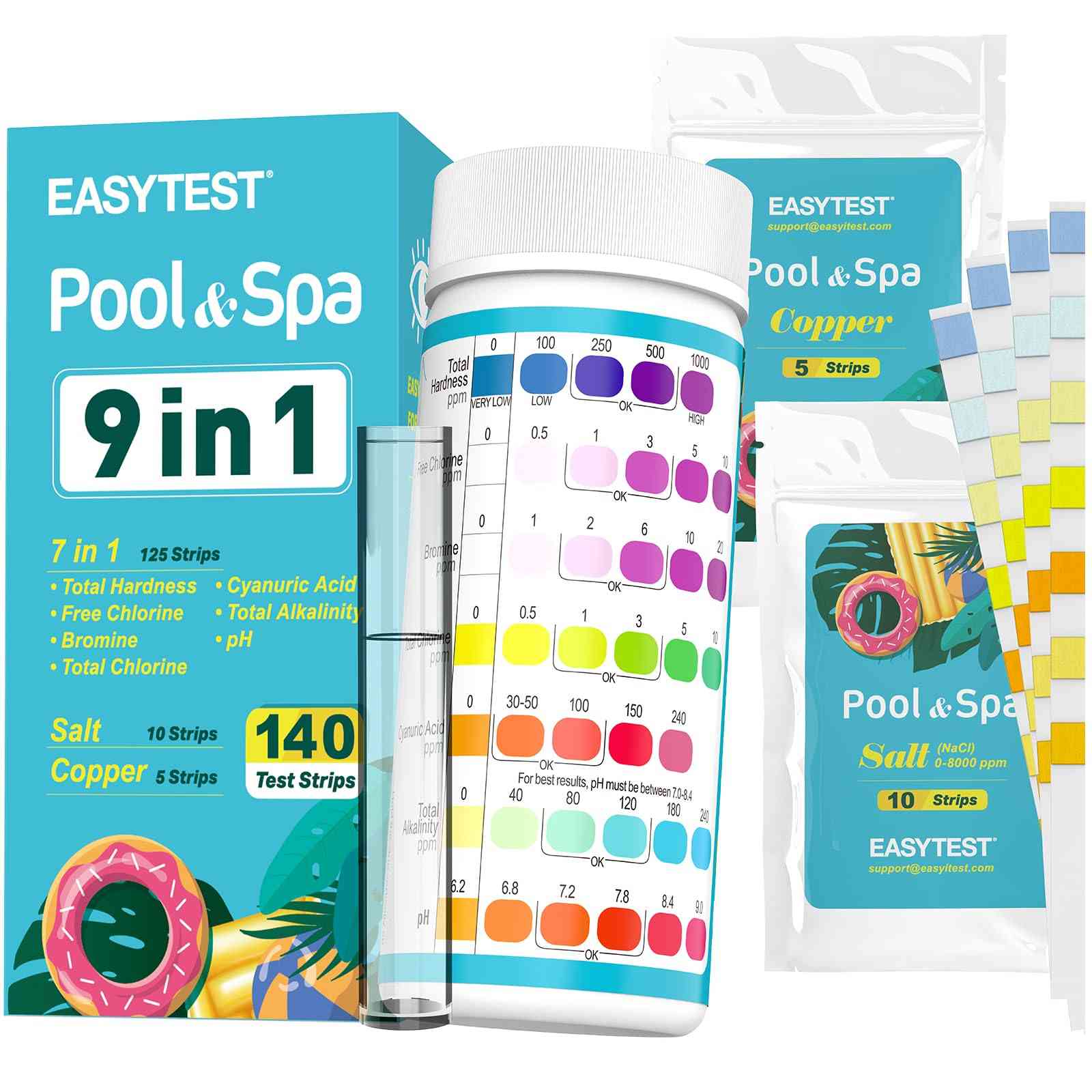 EASYTEST Pool & Spa Water Test Strips for accurate 7-in-1 testing, designed for pools, hot tubs, and spa water quality.