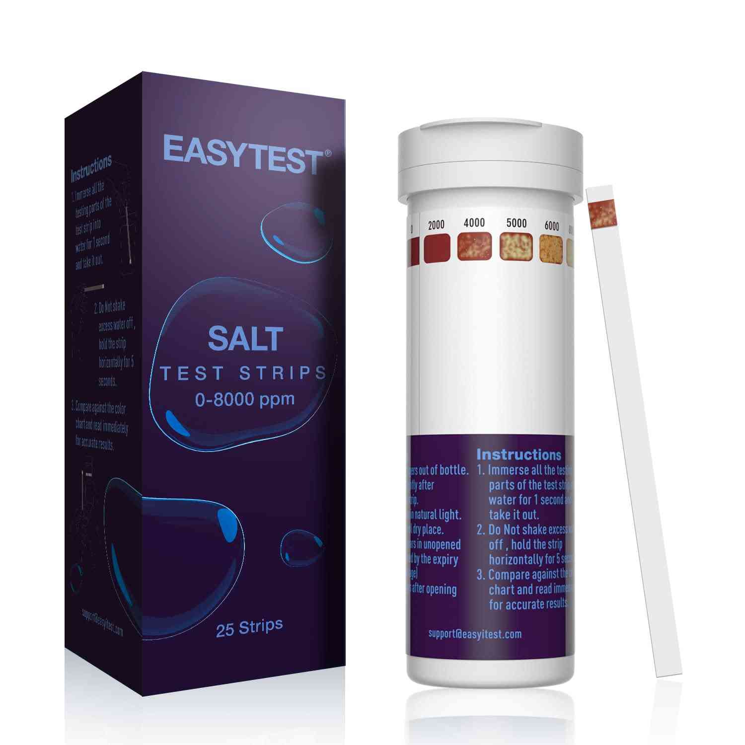 EASYTEST Pool & Spa Water Test Strips for 7-in-1 testing of pool and hot tub water quality, showing multiple test strips and color chart.