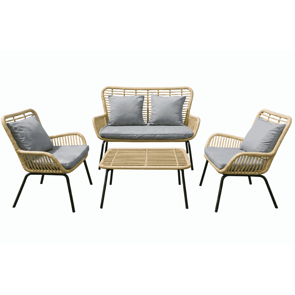 Elegant rattan outdoor sofa set with plush cushions, featuring a stylish design suitable for patio or garden seating.