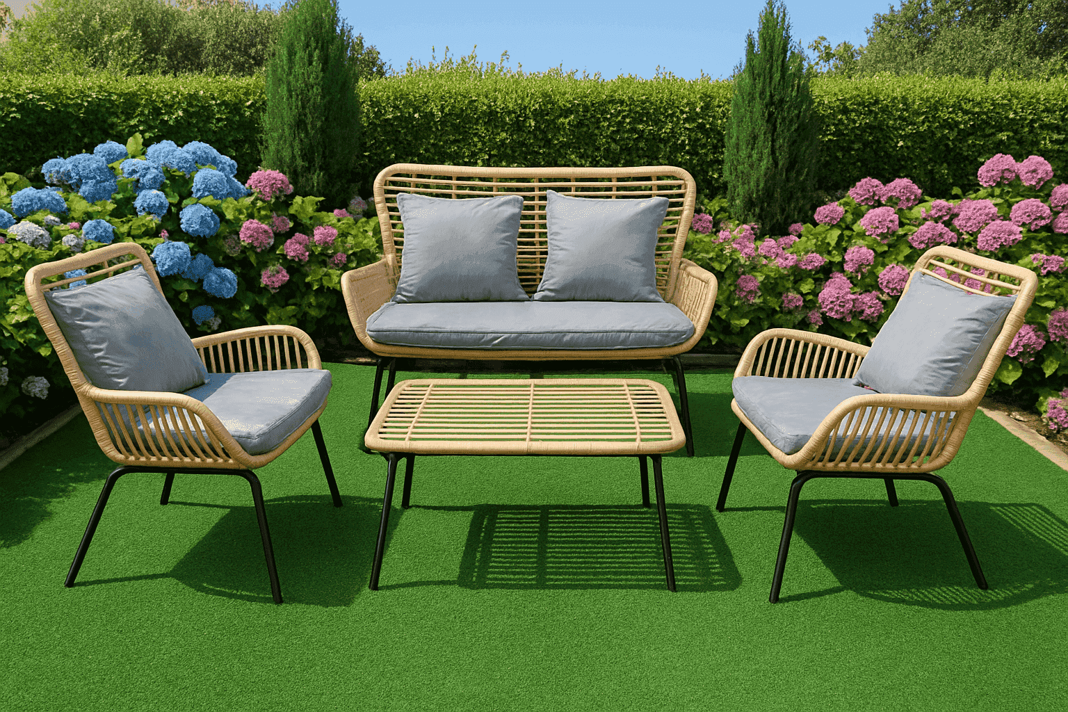 Elegant rattan outdoor sofa set with plush cushions, stylish design, and sturdy frame, perfect for patio relaxation.