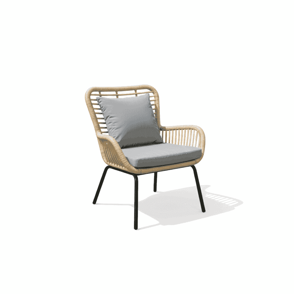 Elegant rattan outdoor sofa set with cushions, featuring a stylish design from The Outdoor Furniture Market.