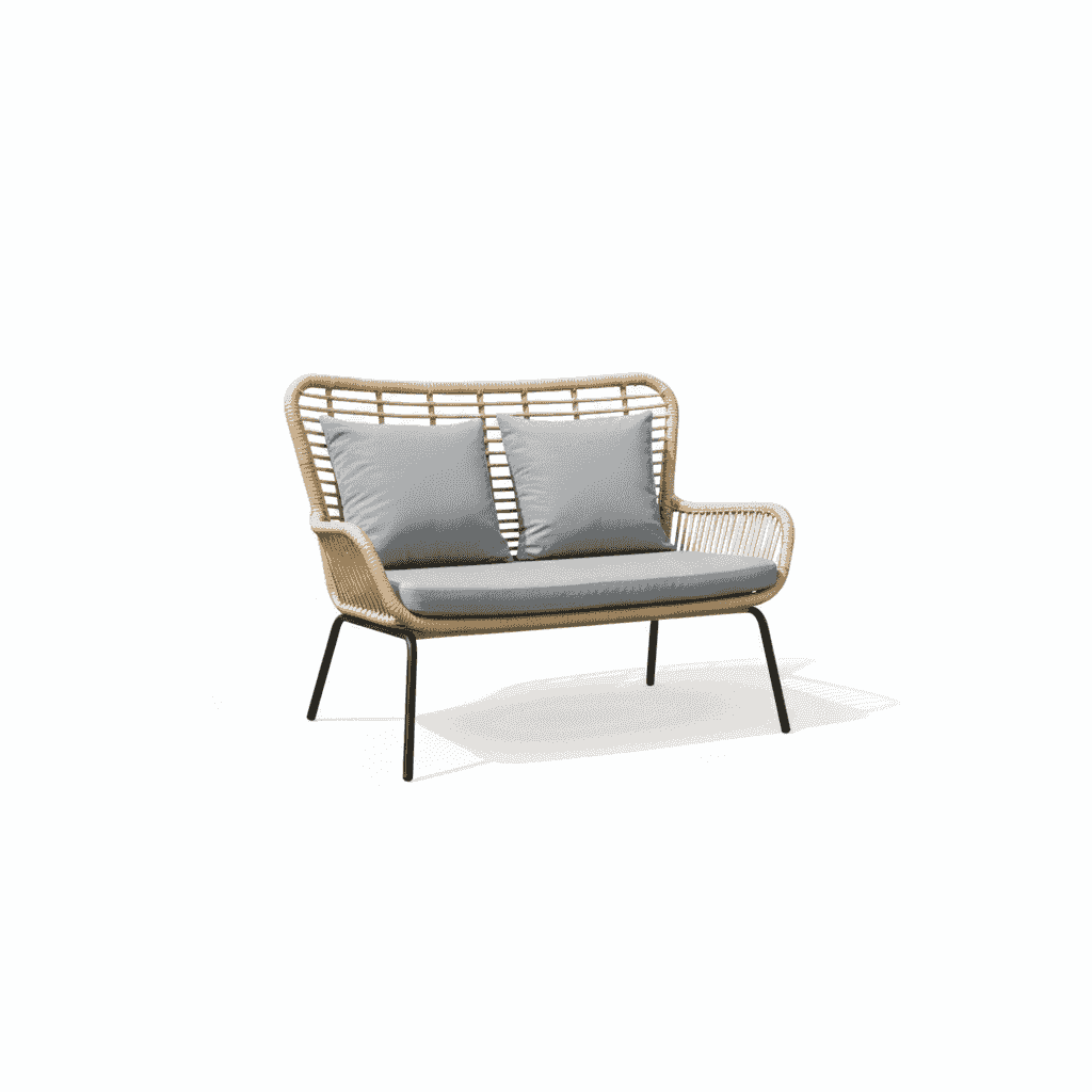 Elegant rattan outdoor sofa set by The Outdoor Furniture Market with plush cushions and modern design for outdoor lounging.