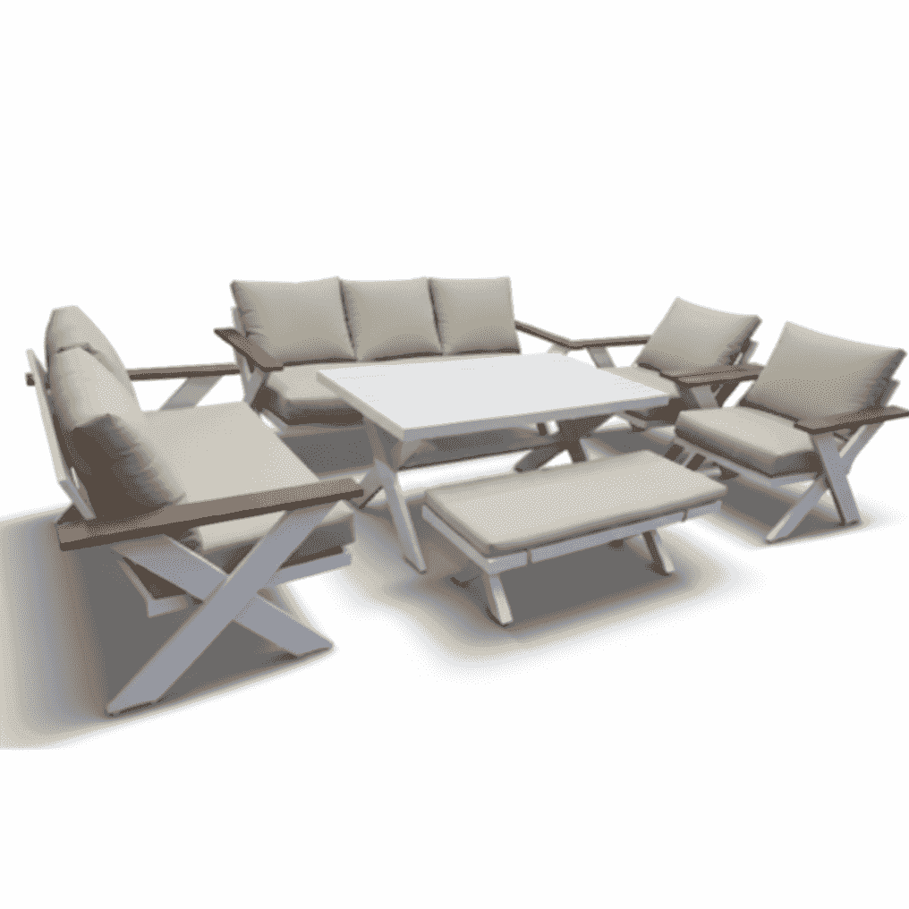 White aluminum outdoor lounge set with seven-seater sofa from The Outdoor Furniture Market, designed for comfortable outdoor relaxation.