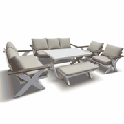 White aluminum outdoor lounge set with seven-seater sofa from The Outdoor Furniture Market, designed for comfortable outdoor relaxation.