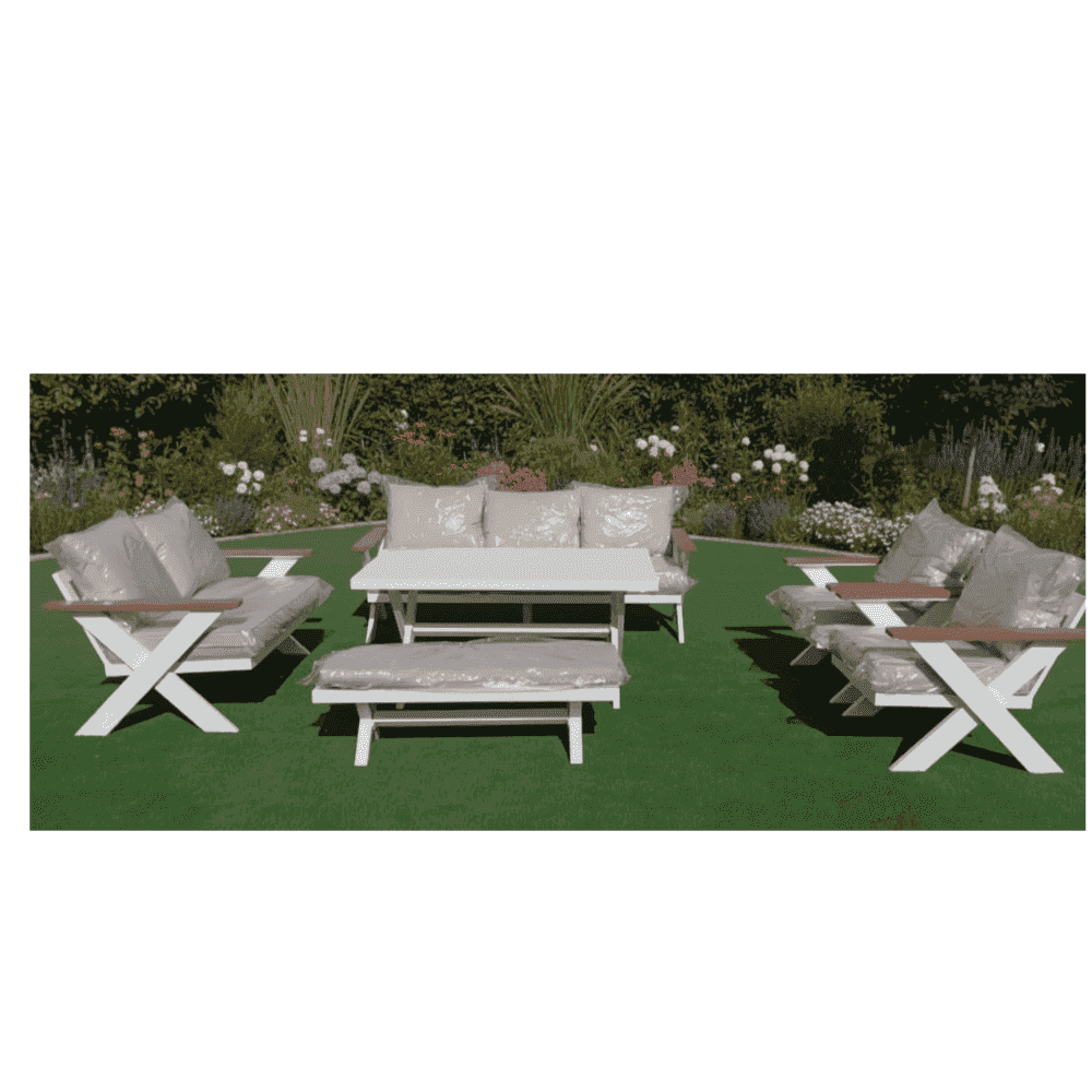 White aluminum outdoor lounge sofa set with seven seats, featuring cushions and modern design by The Outdoor Furniture Market
