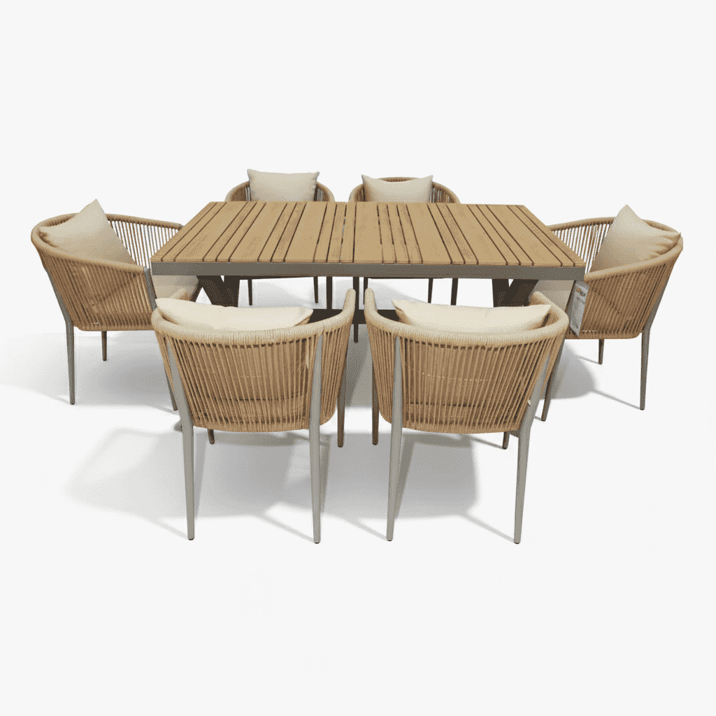 EliteLine 6-seater outdoor dining set with aluminum and WPC table, chairs, and premium cushions in a stylish backyard setup.