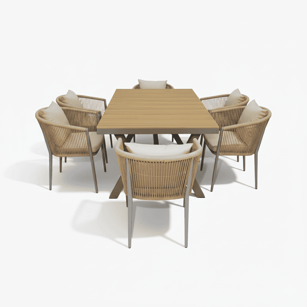 EliteLine 6-seater outdoor dining set with aluminum and WPC table, chairs, and plush cushions in a stylish garden setting.