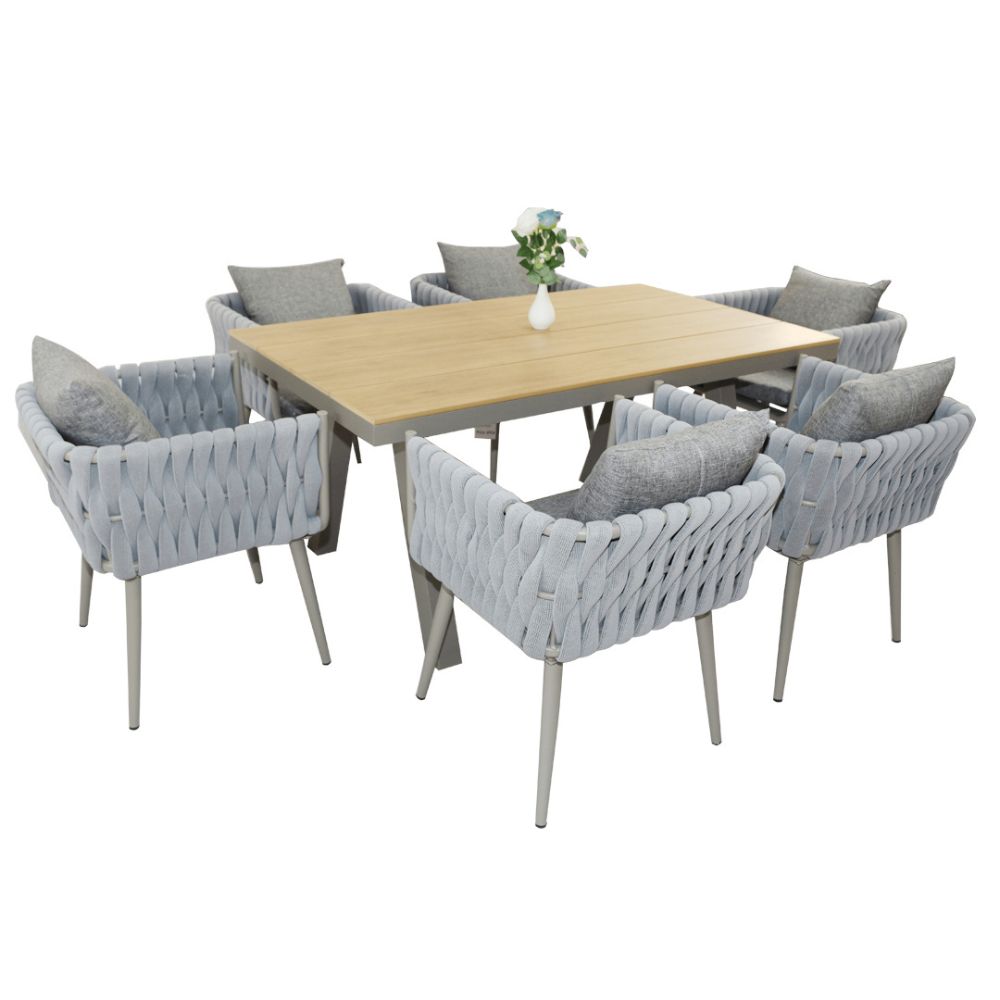 Exceptional Aluminum Frame WPC 6-Seater Outdoor Dining Set with Cushions for Garden and Patio
