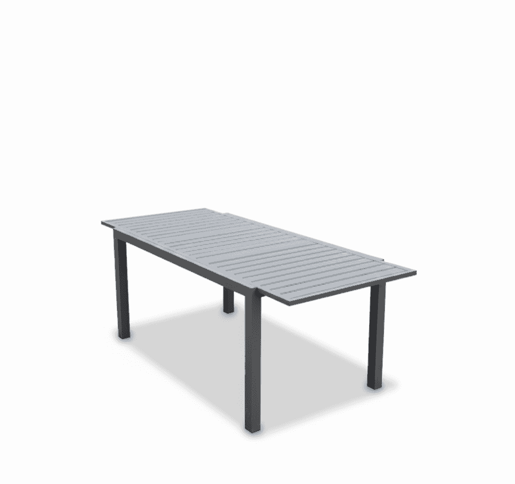 Expandable outdoor aluminum dining table by The Outdoor Furniture Market, showing a sleek, modern design with extendable surface and sturdy legs.