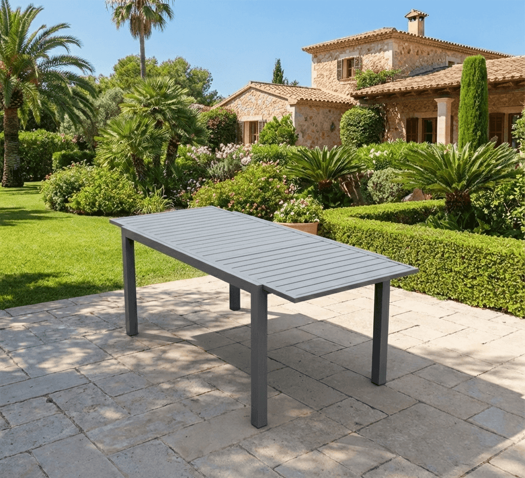 Expandable outdoor aluminum dining table by The Outdoor Furniture Market, featuring a sleek, sturdy design for outdoor dining spaces.