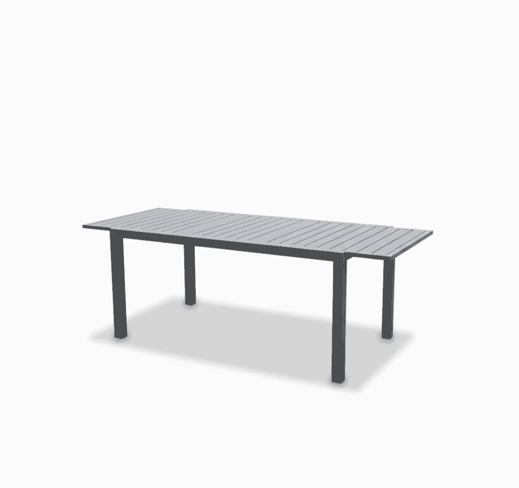 Expandable outdoor aluminum dining table by The Outdoor Furniture Market with a sleek, modern design in a garden setting