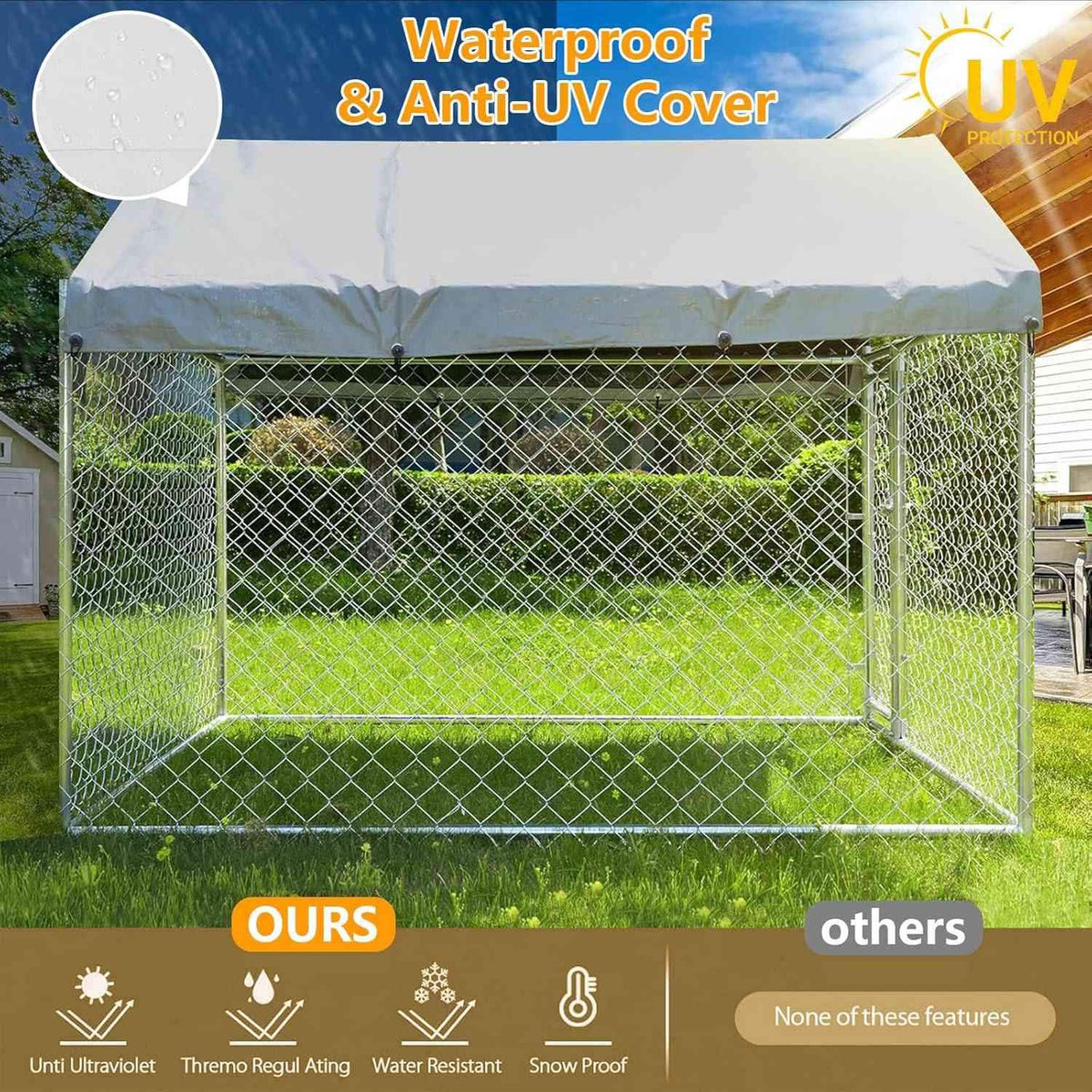LIODUX 200x200x170CM Outdoor Dog Kennel, Extra Large Anti-Rust Dog Kennel with Roof, Galvanized Chain Link Dog Runs with Secure Lock, Outdoor Crate House for Large Breed Dog