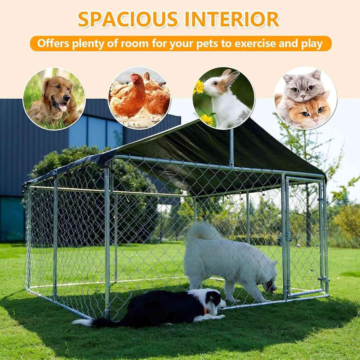LIODUX 200x200x170CM Outdoor Dog Kennel, Extra Large Anti-Rust Dog Kennel with Roof, Galvanized Chain Link Dog Runs with Secure Lock, Outdoor Crate House for Large Breed Dog
