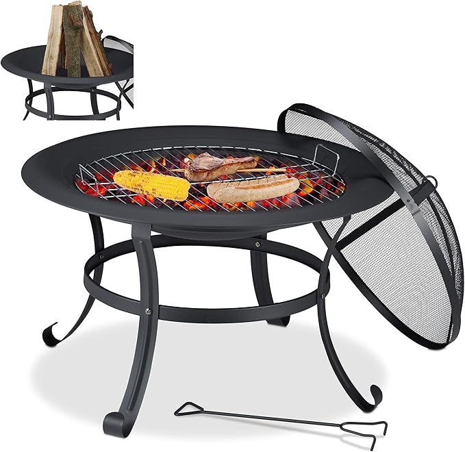 Round Casa Fiora outdoor fire pit BBQ grill, 76cm, set up in a garden patio, showcasing the cooking station design.