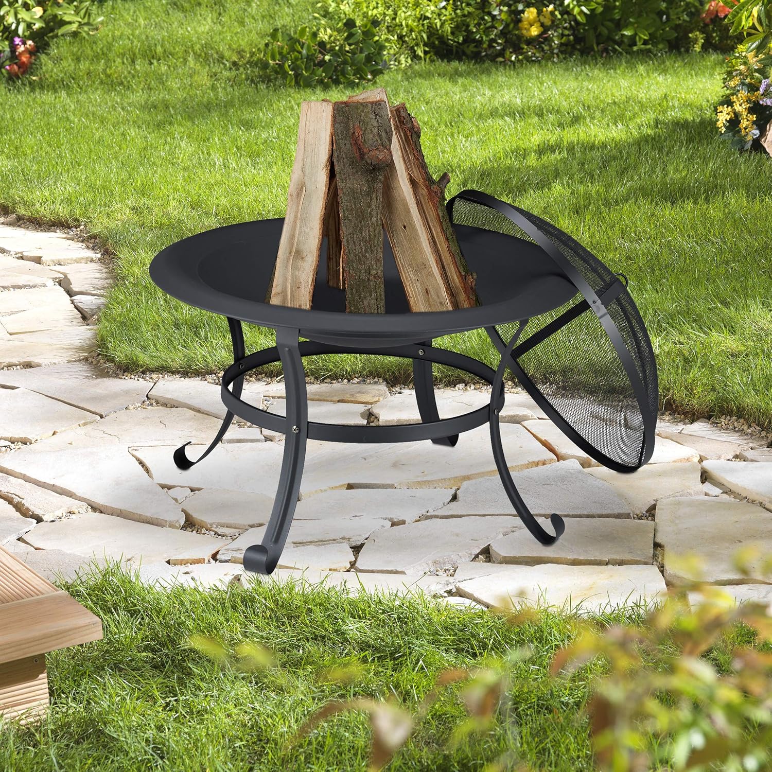 Round outdoor fire pit BBQ grill by Casa Fiora, 76cm, perfect for garden patio heating and cooking.