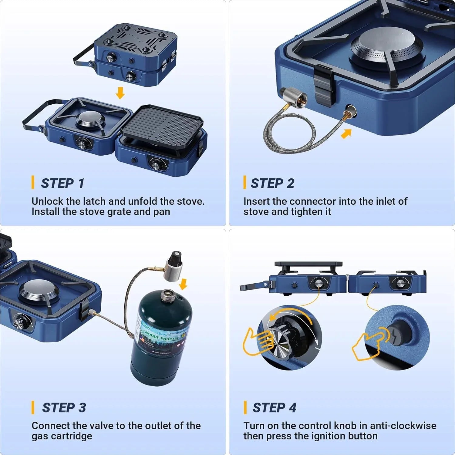 Portable Casa Fiora camping gas stove with two adjustable burners and grill, designed for outdoor cooking.