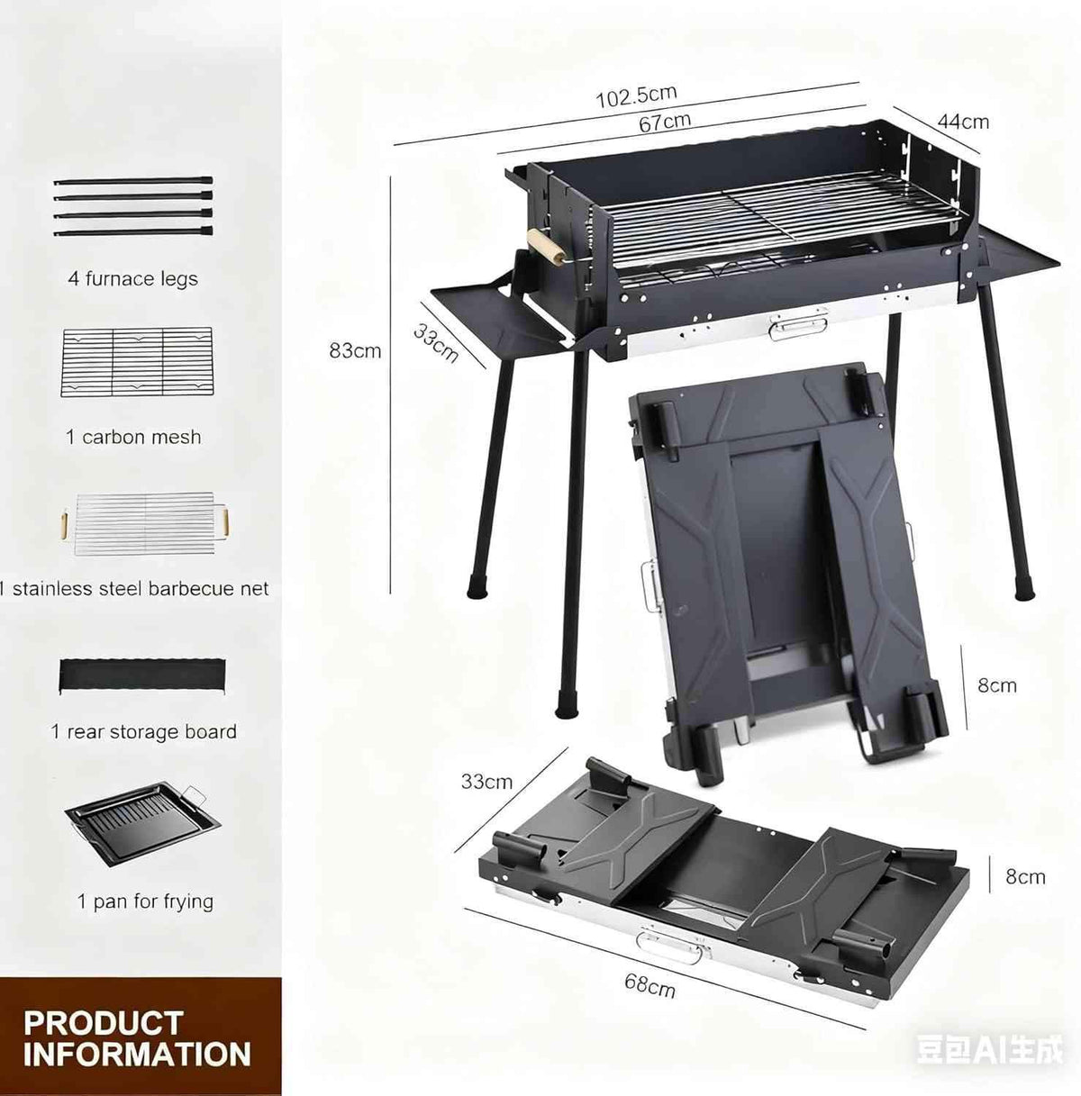 Folding Barbecue Charcoal Grill, Outdoor Windproof Charcoal Grills with 3-Sided Storage Board and Frying Pan, Stainless Steel Large BBQ Stove for Backyard, Garden, Camping, Picnic, Party.