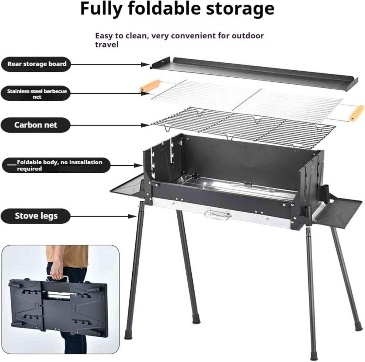 Folding Barbecue Charcoal Grill, Outdoor Windproof Charcoal Grills with 3-Sided Storage Board and Frying Pan, Stainless Steel Large BBQ Stove for Backyard, Garden, Camping, Picnic, Party.