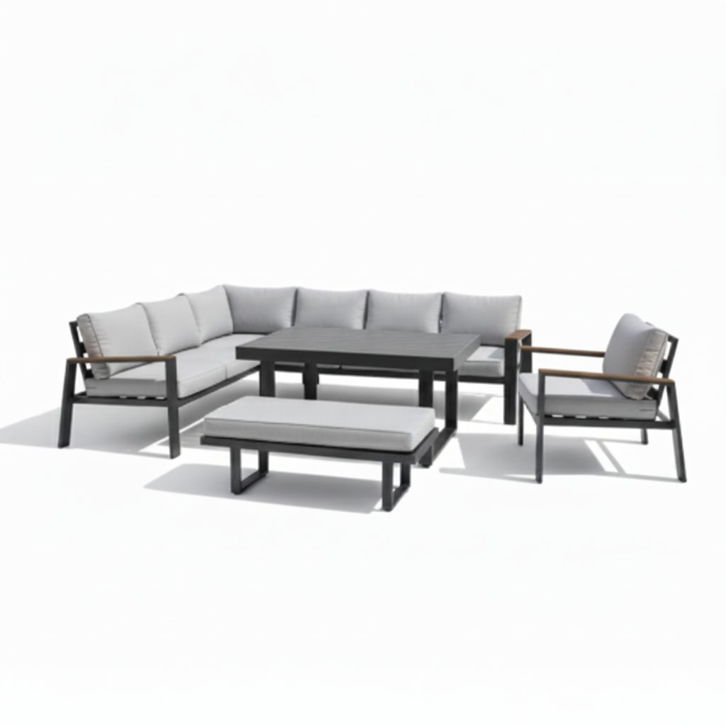 Modern L-Shape Outdoor Sofa Set – Aluminum Frame with Weather-Resistant Cushions &amp; Slatted Dining Table