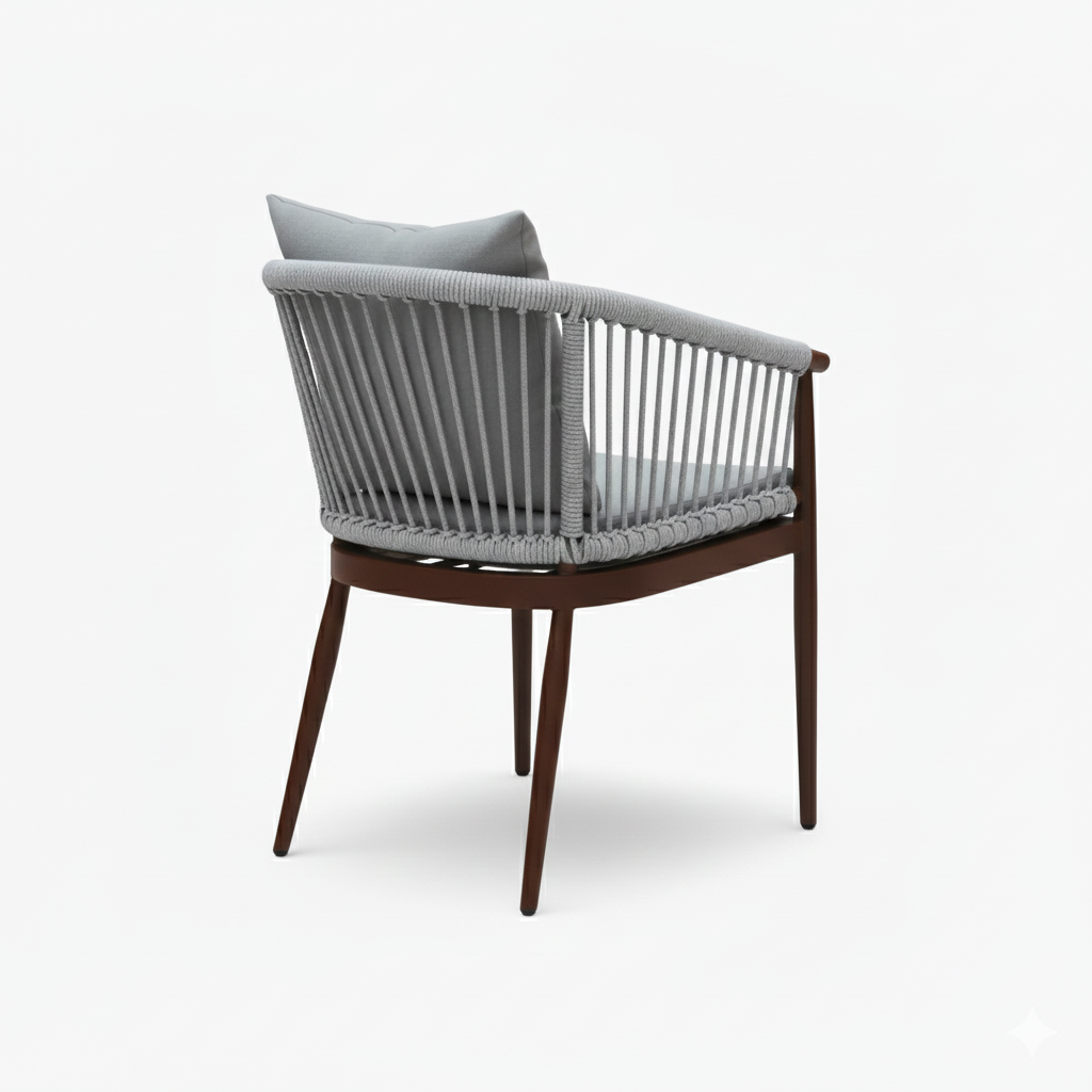 Casa Fiora outdoor aluminum chair with gray cushion and wooden frame, stylish and comfortable for outdoor seating.