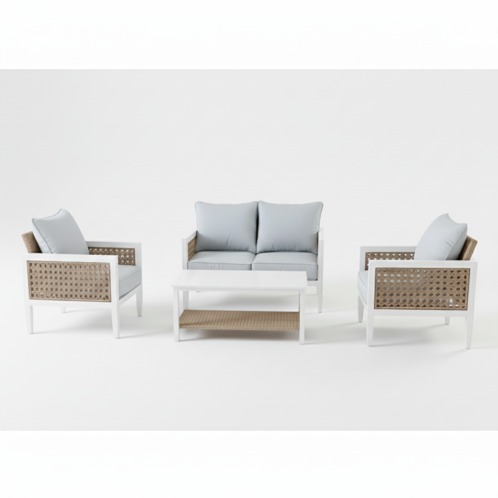4 seater aluminum rattan lounge set by Casa Fiora, featuring stylish cushions and a modern design for outdoor relaxation.