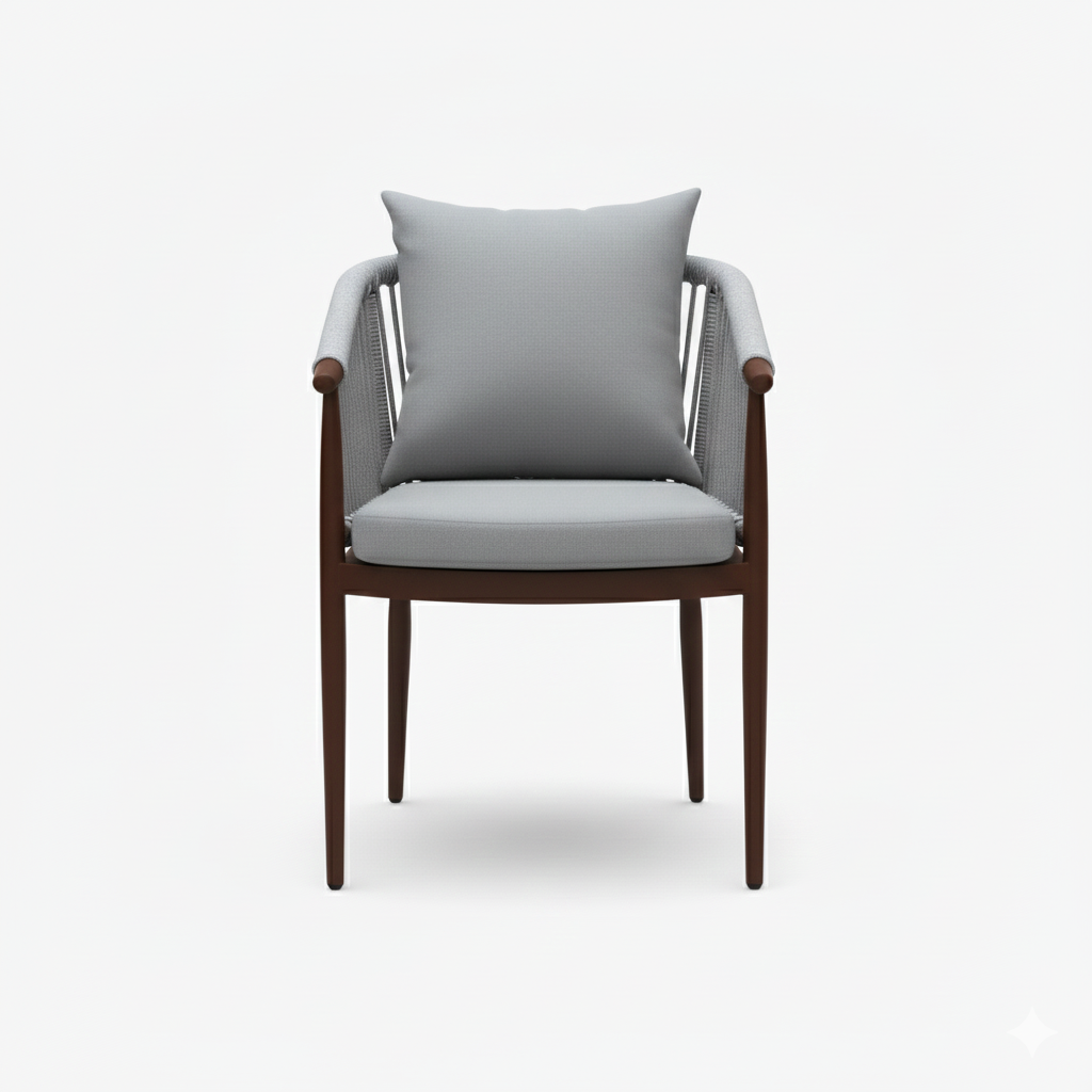 Casa Fiora outdoor aluminum chair with gray cushion and wooden frame, ideal for patio or garden seating.